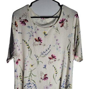 Time Tru Womens Size Large White Purple Floral Short Sleeve Tunic Cotton
